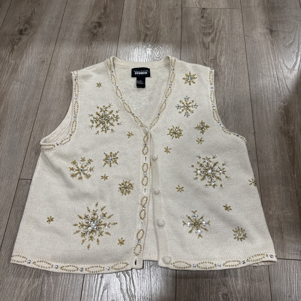 Designers Originals Studio Sweater‎ Vest Womens L Christmas Holiday Beaded
